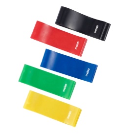 Bandas de látex, con 5 niveles de resistencia según color:
Verde: resistencia muy baja (10 lb)
Azul: resistencia baja (15 lb)
Amarillo: resistencia media (20 lb)
Rojo: resistencia alta (30 lb)
Negro: resistencia muy alta (40 lb)
Dimensiones: 600 mm × 50 mm